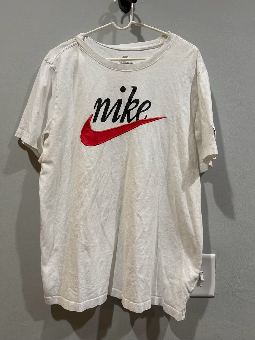 Nike White Short Sleeve Tee with Red Swoosh and Black Script